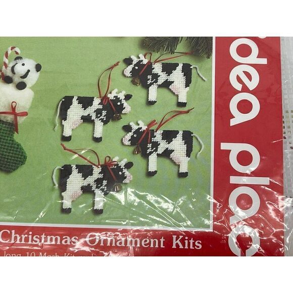 NOS Mary Maxim Needlepoint COWS Christmas Ornaments Kit Makes 6 Plastic Canvas - Picture 3 of 4